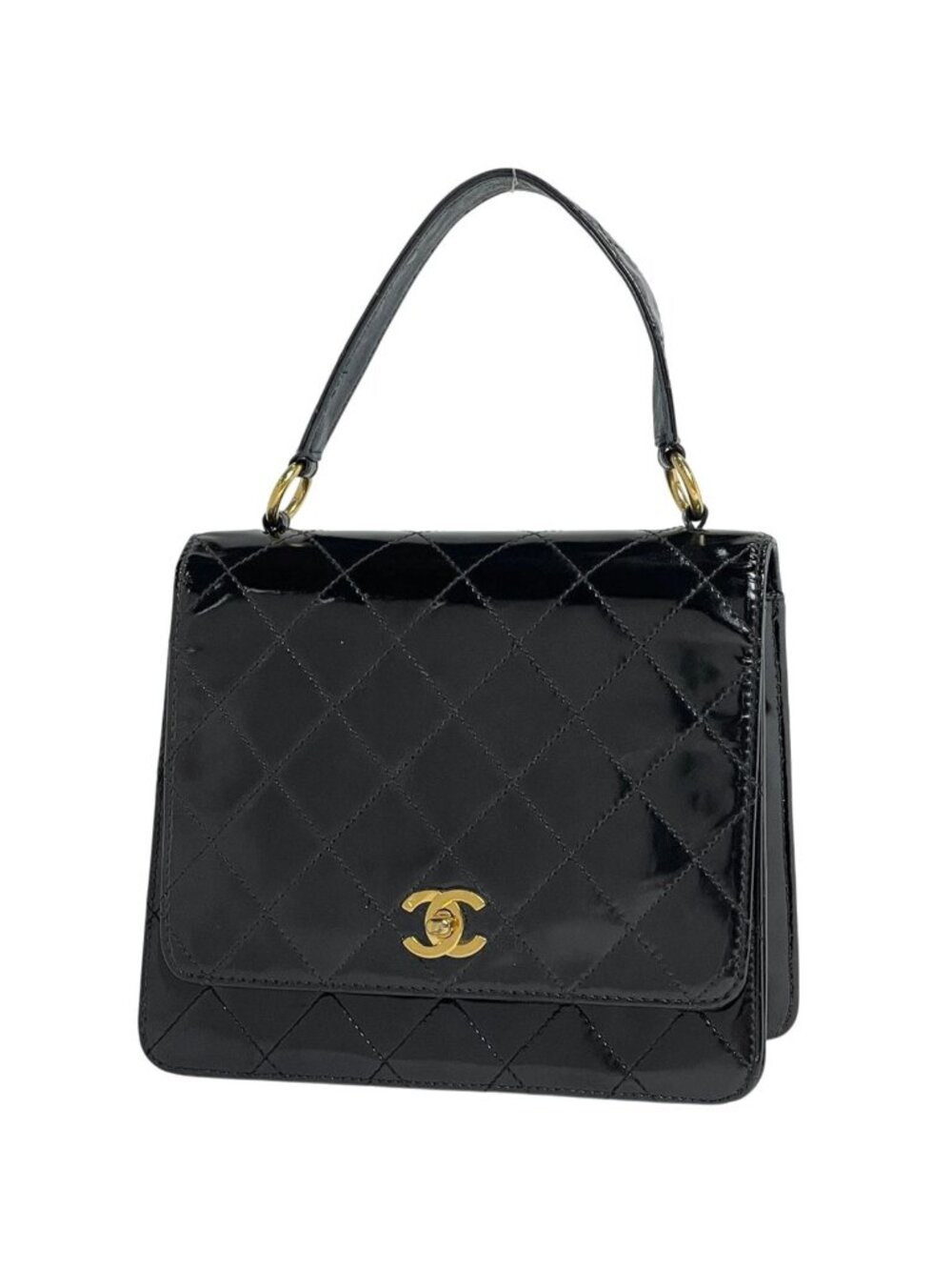 Chanel CC Logo Handbag Quilted Patent Leather Black